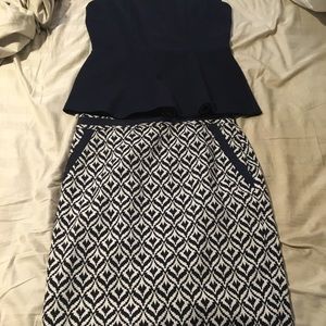 Navy blue peplum shirt with patterned pencil skirt